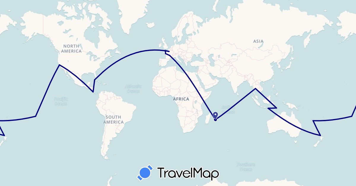 TravelMap itinerary: driving in Costa Rica, Cuba, France, Indonesia, New Zealand, Thailand, United States (Asia, Europe, North America, Oceania)